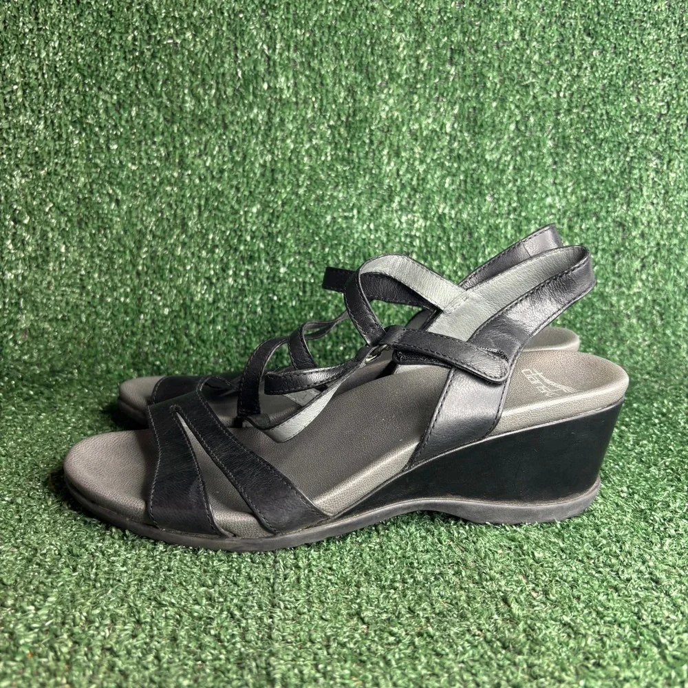 Dansko Addyson Strappy Leather Comfort Wedge Sandal Black‎ Womens Size 11.5-12